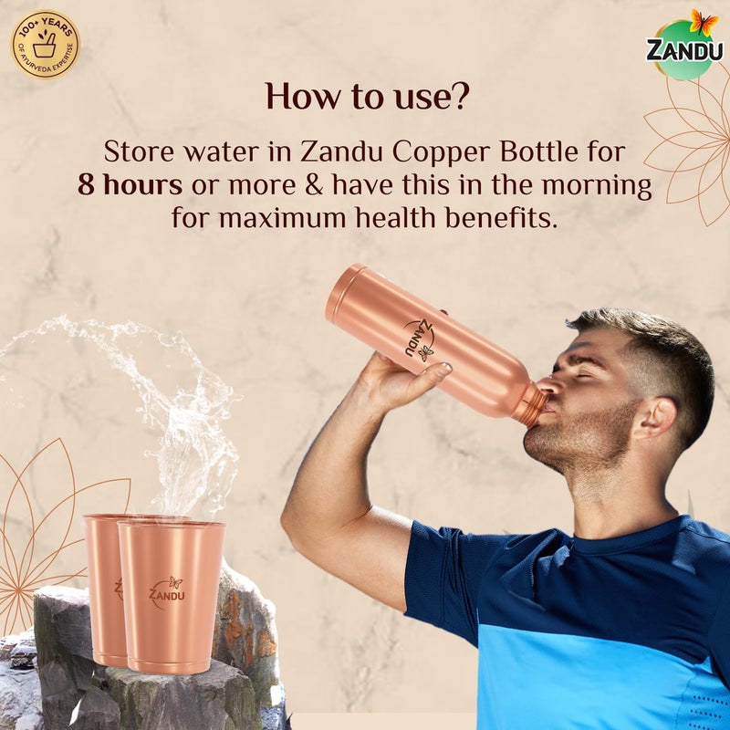 Zandu طقم هدايا زاندو من النحاس (1 زجاجة و 2 كوب): مصنوع من 100% نحاس نقي | يدعم صحة الجهاز الهضمي والكبد | يساعد في تعزيز المناعة | مفيد في تعزيز الصحة العامة (عبوة 950 مل و 2x300 مل) - Image 5