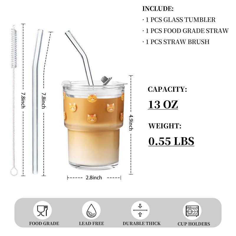 Olvini 13oz Glass Tumbler with Straw and Lid, Reusable Iced Coffee Cup Tumbler, Cute Glass Cups for Water, Matcha, Travel Coffee Mugs (Cute Cat - 13oz) - Image 3