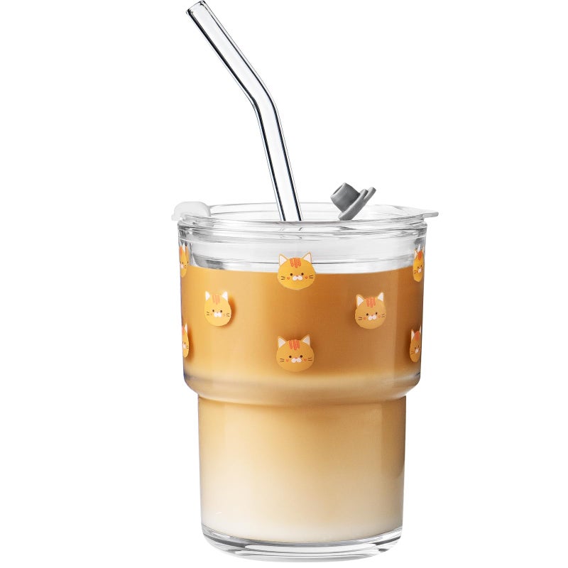Olvini 13oz Glass Tumbler with Straw and Lid, Reusable Iced Coffee Cup Tumbler, Cute Glass Cups for Water, Matcha, Travel Coffee Mugs (Cute Cat - 13oz) - Image 1