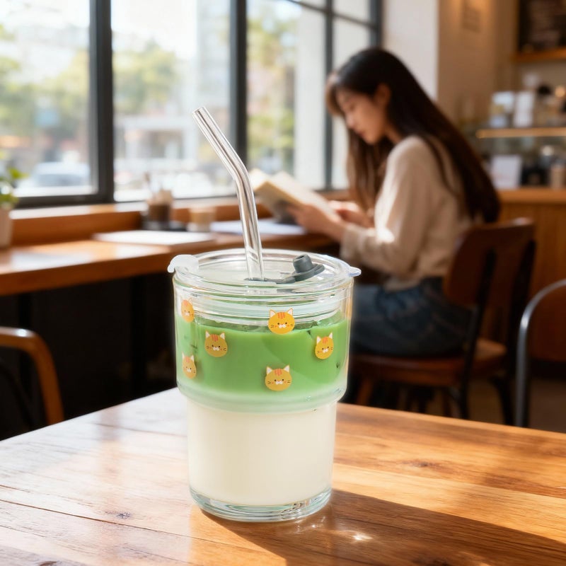 Olvini 13oz Glass Tumbler with Straw and Lid, Reusable Iced Coffee Cup Tumbler, Cute Glass Cups for Water, Matcha, Travel Coffee Mugs (Cute Cat - 13oz) - Image 4