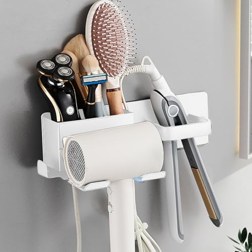 HOHOWU Hair Dryer Holder,Stainless Steel Wall Mounted Blow Dryer,Curling Iron,Straightener Holder Bathroom Metal Hair Tool Organizer Rack- White - Image 1