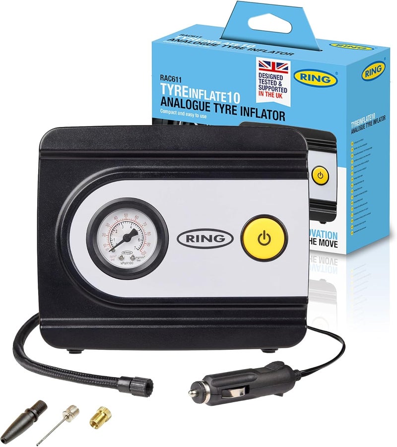 Ring TYREINFLATE 10 Analogue Tyre Inflator with Three Adaptors - Measures in PSI, BAR and kPA - Image 1