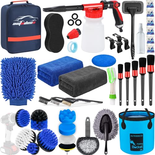 AUTODECO 38Pcs Car Wash Detailing Kit Cleaning Kits with Foam Gun Sprayer Collapsible Bucket Drill Brush Large Wash Mitt Towels Complete Interior Exterior Car Washing Supply Set Blue - Image 1