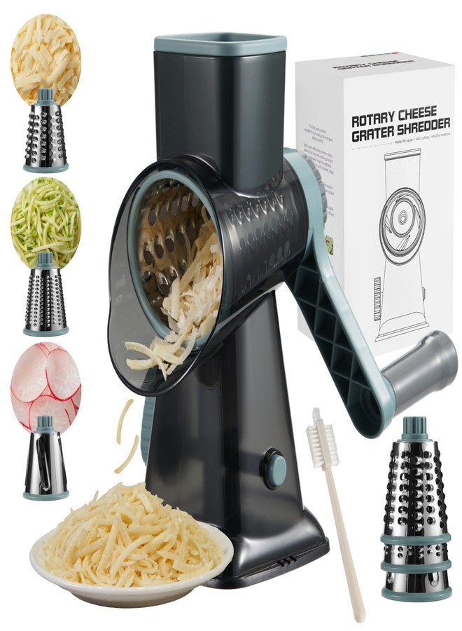 ALEXPHY 3-in-1 Rotary Cheese Grater with Stronger Suction Base | Stainless Steel Blades for Fruits, Vegetables, Nuts. Dishwasher Safe & Easy to Clean, Transparent Black & Blue - Image 1