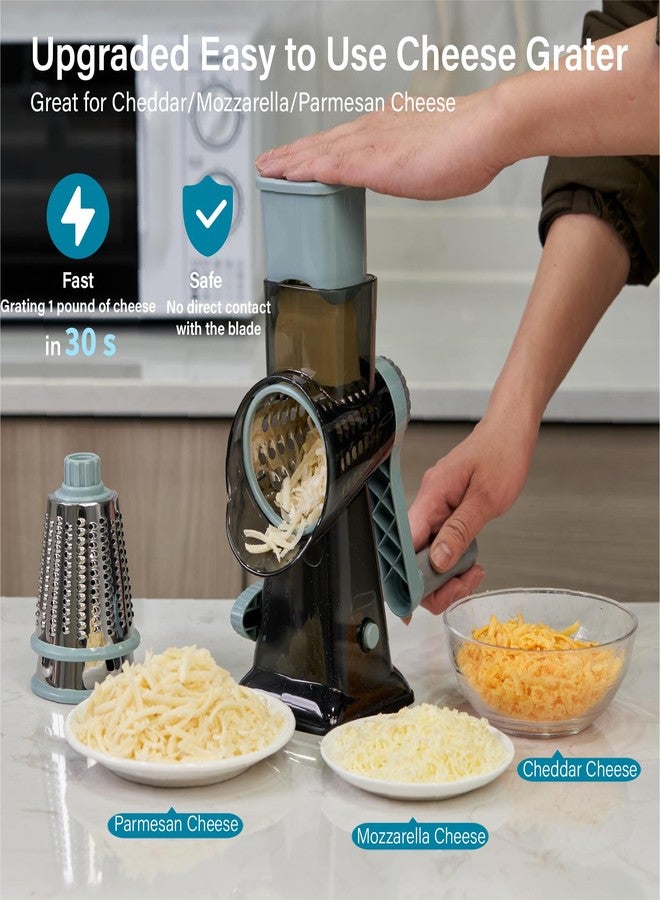 ALEXPHY 3-in-1 Rotary Cheese Grater with Stronger Suction Base | Stainless Steel Blades for Fruits, Vegetables, Nuts. Dishwasher Safe & Easy to Clean, Transparent Black & Blue - Image 2