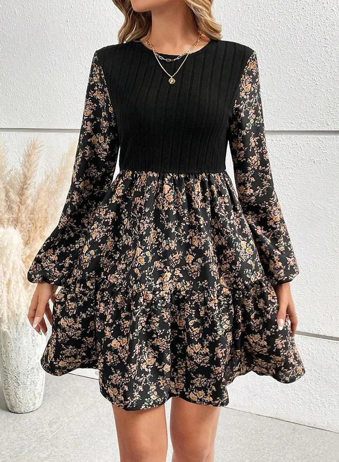 تايك تو Women's Floral Printed Round Neck Long Sleeve Mini Dress
