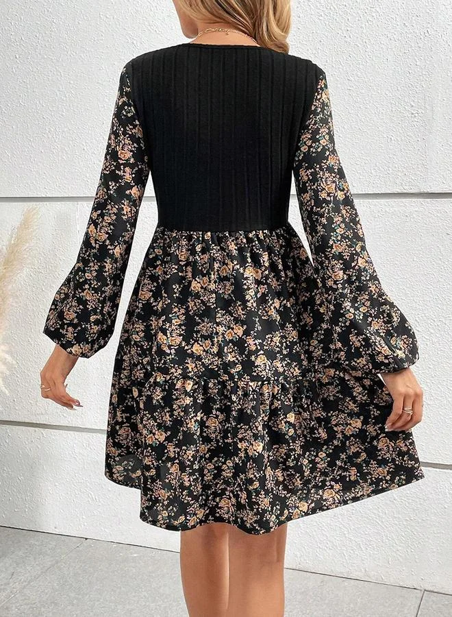 تايك تو Women's Floral Printed Round Neck Long Sleeve Mini Dress