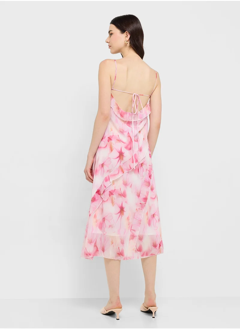 جينجر Floral Ruffle Midi Dress