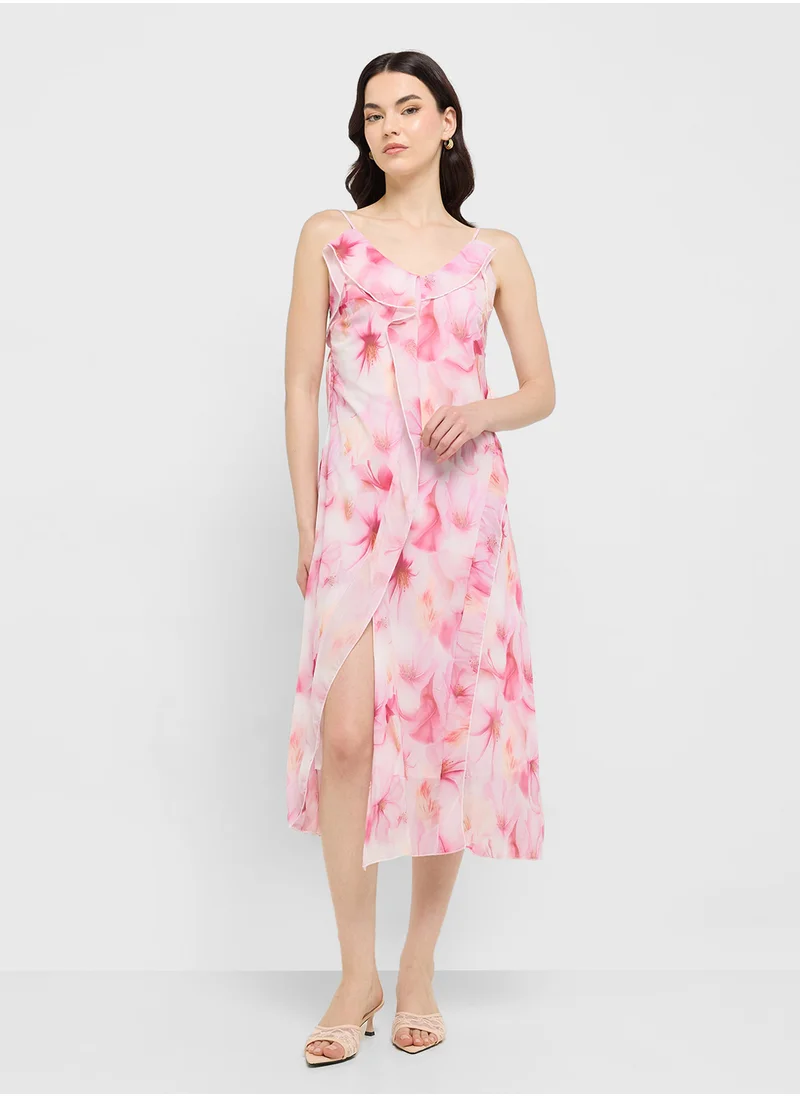 جينجر Floral Ruffle Midi Dress