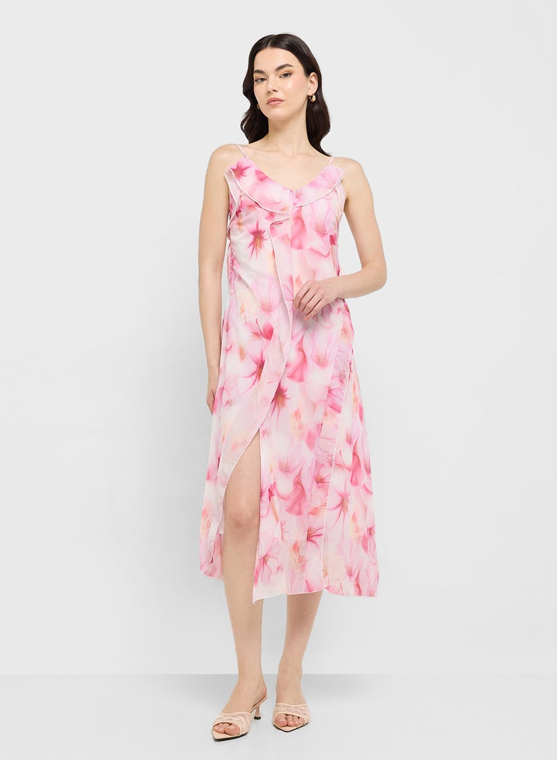 جينجر فستان ميدي بكشكشة وزهور - Image 1