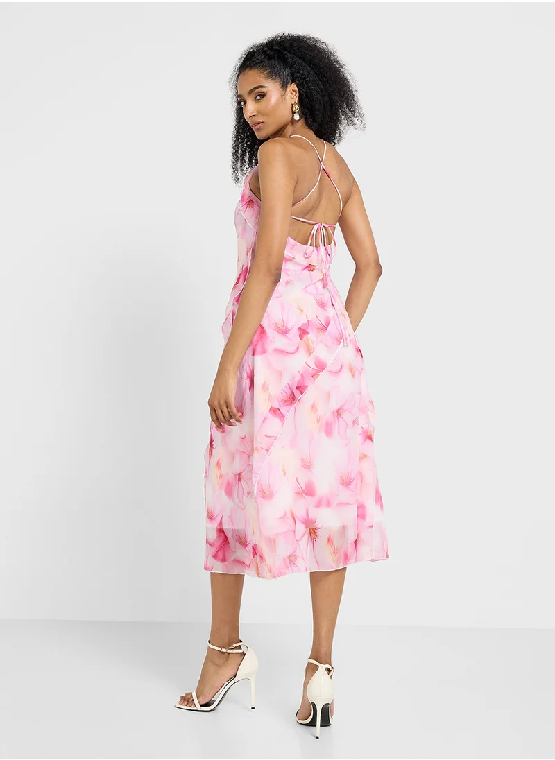 جينجر Strappy Floral Ruffle Dress With Side Slit