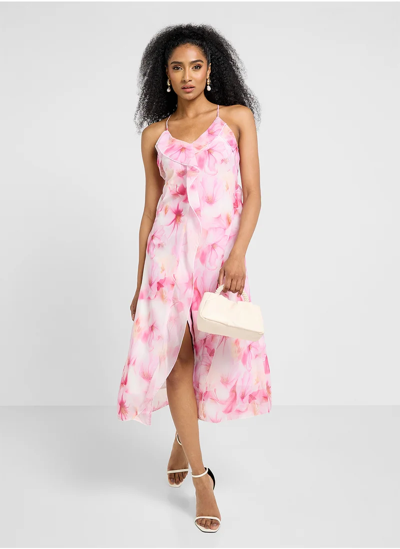 جينجر Strappy Floral Ruffle Dress With Side Slit
