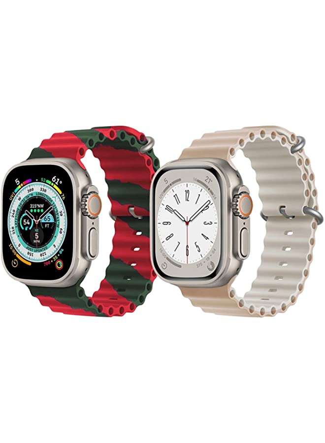IAF Silicone Ocean Band Strap for Apple Watch Ultra 8 49mm Red/Green Double Line Strap with Beige/White Double Side Strap Set of 2