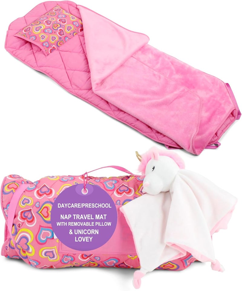 Emily Rose حصيرة نوم للأطفال من إميلي روز مثالية للسفر ورياض الأطفال ودار الرعاية مع وسادة قابلة للإزالة وبطانية ناعمة ملحقة تتضمن لعبة يونيكورن محشوة 100% قطن - Image 1