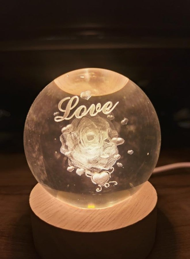 Dkriva 3D Space Galaxy Crystal Ball Night Light With Wooden Base, LED Light and Engraved Solar System (Love Rose Flower) - Image 2