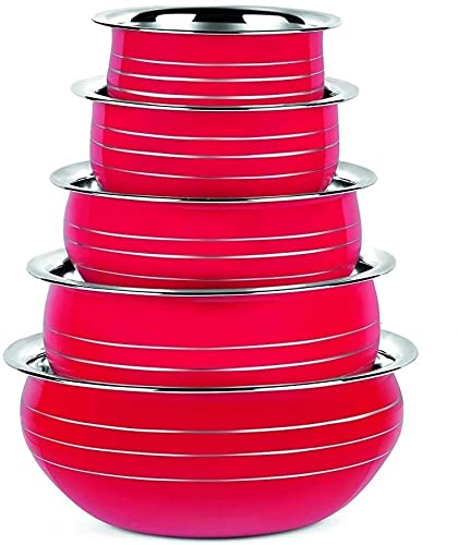Nirvika Non-Stick Stainless Steel Bottom Handi/Bowl Set Without Lid Cookware (Size: 350 ml, 550 ml, 750 ml, 1200 ml, 1650 ml) Set of 5 Pieces Red Handi - Image 1