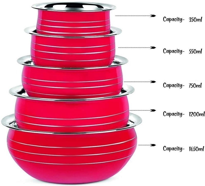 Nirvika Non-Stick Stainless Steel Bottom Handi/Bowl Set Without Lid Cookware (Size: 350 ml, 550 ml, 750 ml, 1200 ml, 1650 ml) Set of 5 Pieces Red Handi - Image 5