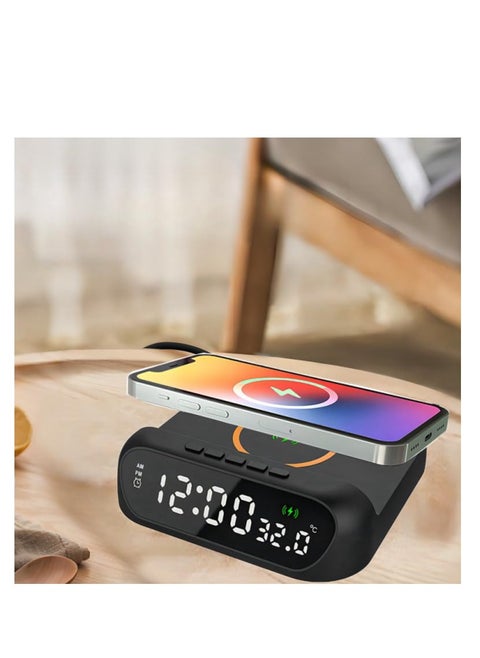 Digital Alarm Clock with 15W Wireless Charger Holder, LED Display Temperature Display, Adjustable Brightness and Sound, Suitable for Bedroom, Bedside, Supports a Variety of Mobile Phones