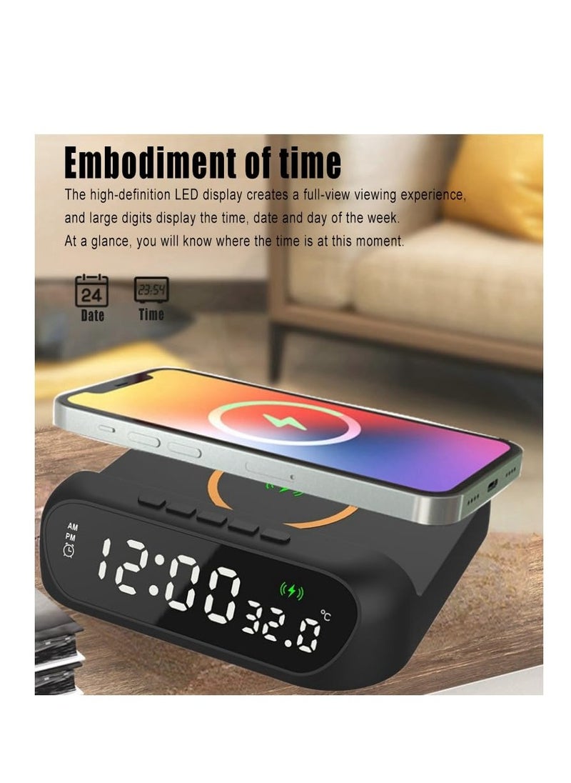 Digital Alarm Clock with 15W Wireless Charger Holder, LED Display Temperature Display, Adjustable Brightness and Sound, Suitable for Bedroom, Bedside, Supports a Variety of Mobile Phones