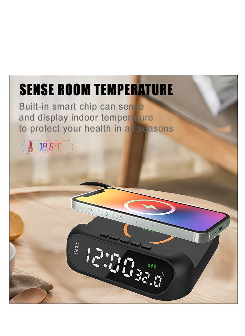 Digital Alarm Clock with 15W Wireless Charger Holder, LED Display Temperature Display, Adjustable Brightness and Sound, Suitable for Bedroom, Bedside, Supports a Variety of Mobile Phones