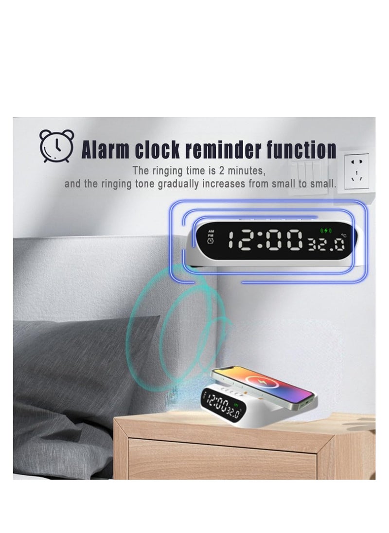 Digital Alarm Clock with 15W Wireless Charger Holder, LED Display Temperature Display, Adjustable Brightness and Sound, Suitable for Bedroom, Bedside, Supports a Variety of Mobile Phones