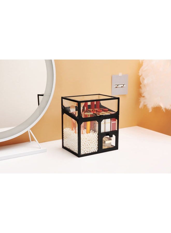 MOOCHI Black Vintage Glass Cosmetic Multifunctional Makeup Organizer with Pearls Dustproof Cosmetics Storage Display Case For Brushes Lipsticks - Image 3