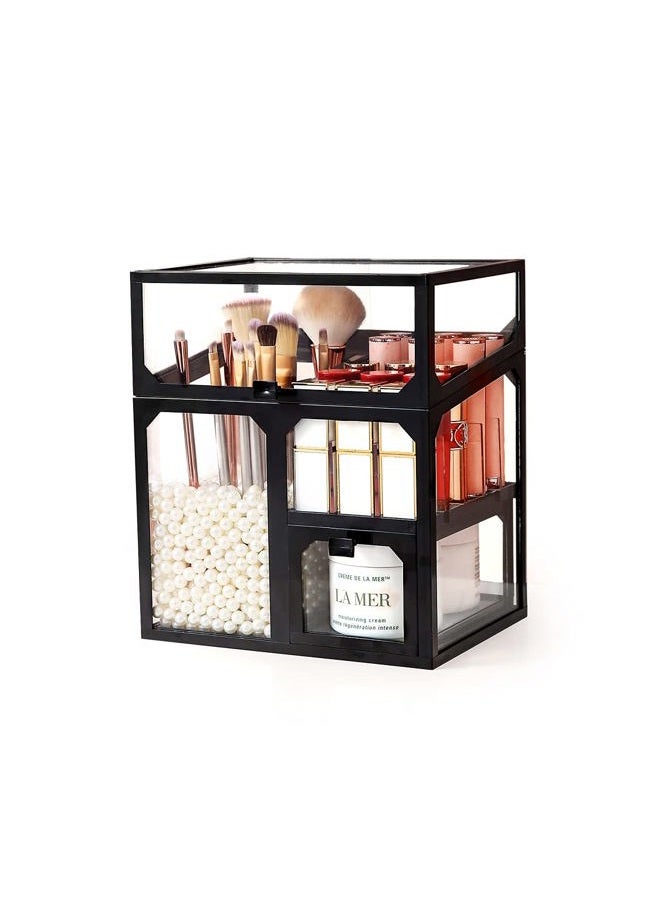 MOOCHI Black Vintage Glass Cosmetic Multifunctional Makeup Organizer with Pearls Dustproof Cosmetics Storage Display Case For Brushes Lipsticks - Image 4