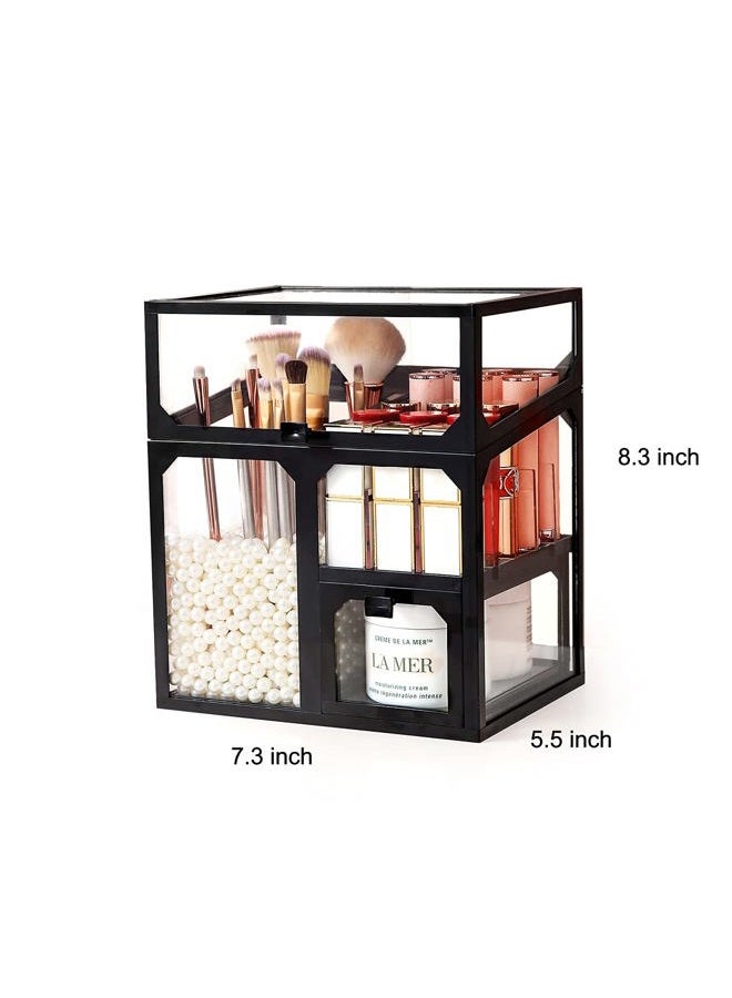 MOOCHI Black Vintage Glass Cosmetic Multifunctional Makeup Organizer with Pearls Dustproof Cosmetics Storage Display Case For Brushes Lipsticks - Image 2