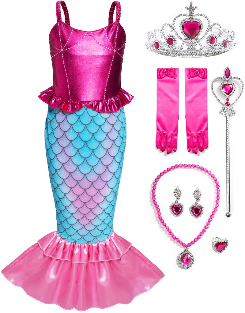 Funna Girls Mermaid Costume Princess Dress Up with Accessories Pink, 7-8 Years - Image 1