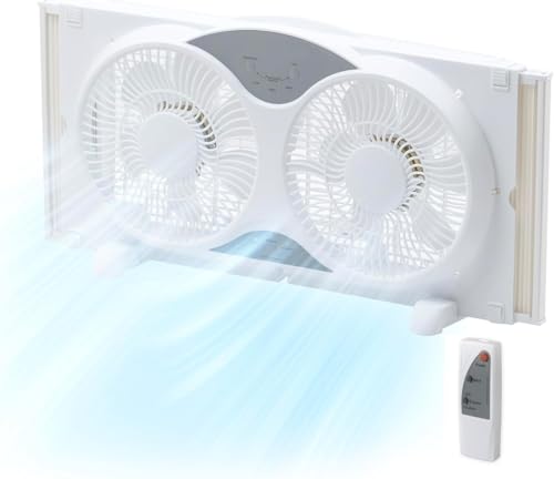 EZ-CHILL 9” Window Fan with Remote Control, 3 Speed Dual Fans with Auto-Locking Expanders, 3 Modes (Cool, Circulate, Exhaust), Fabric Cover, White - Image 1