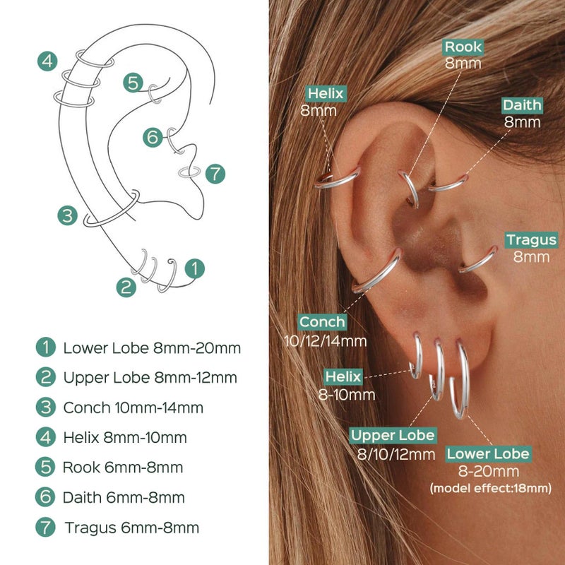 ChicSilver Silver Hoop Earrings for Women 8MM Huggie Hoop Earrings Hypoallergenic Cartilage Earring for Women - Image 3