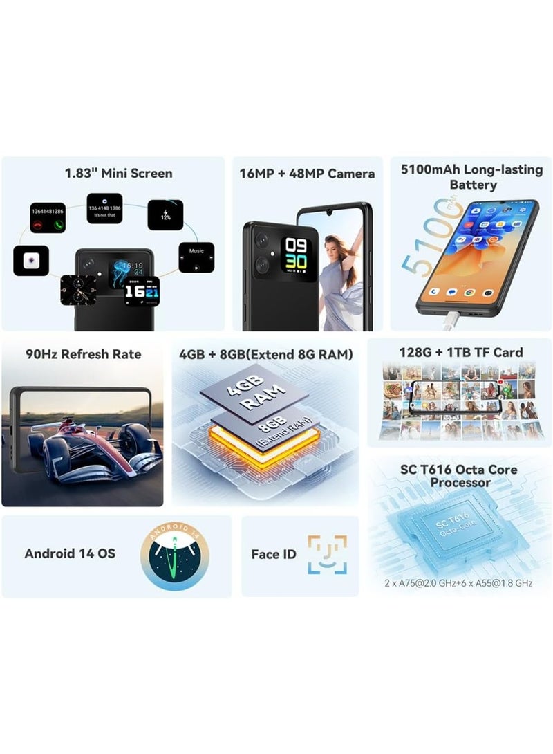Cubot A20 Smart Phone 6.745" HD+ Front/1.83" Rear Screen 90Hz Android 14 5100mAh Battery 4GB RAM 128GB ROM/1TB Octa Core 48MP Main Camera 4G Dual SIM Face ID/GPS-Black - Image 5