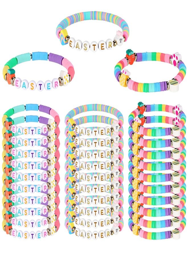 Landical 30 Pcs Easter Party Bracelets Gifts Bulk Easter Bunny Egg Carrot Polymer Clay Beaded Stretch Bracelets Bulk for Party Supplies Basket Stuffers Egg Fillers Gifts for Kids Easters Hunt - Image 1
