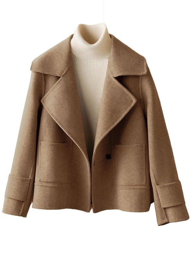 utcoco Womens Short Wool Pea Coat Notched Lapel Cropped Woolen Trench Coat with Pockets, Light Brown, XS - Image 1