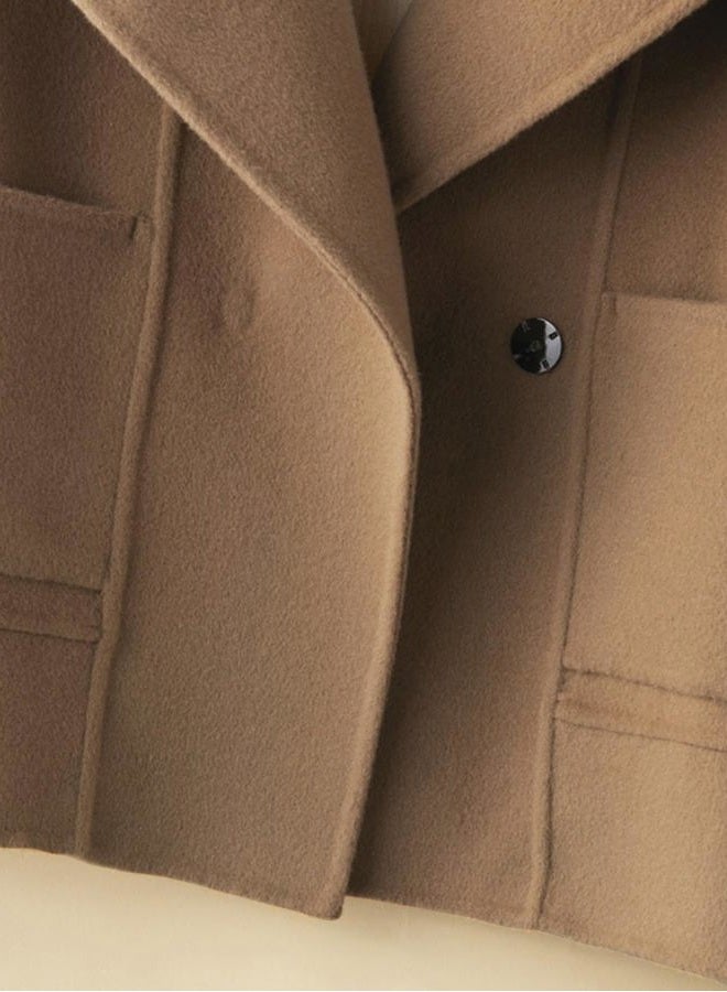 utcoco Womens Short Wool Pea Coat Notched Lapel Cropped Woolen Trench Coat with Pockets, Light Brown, XS - Image 4