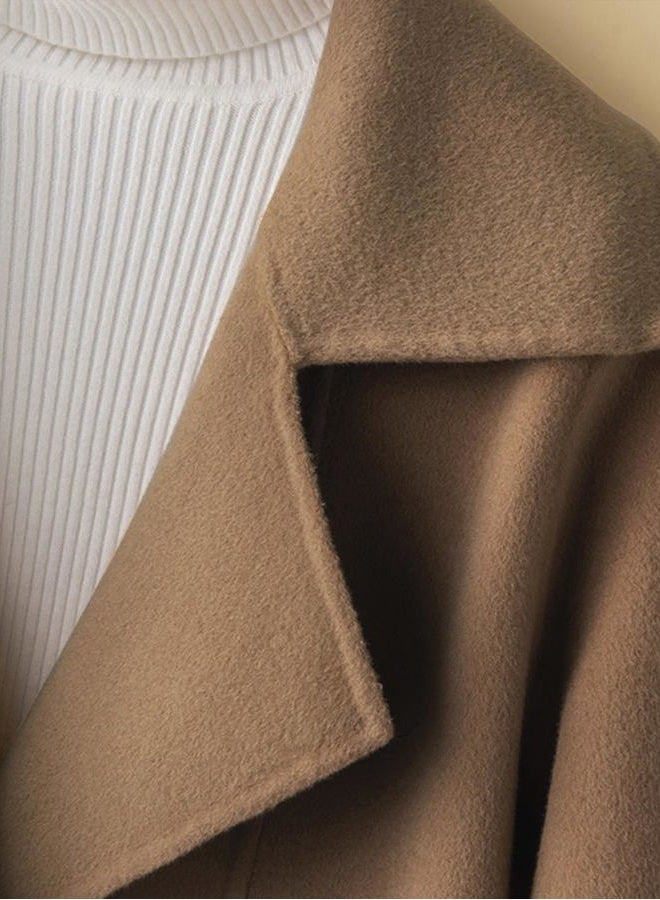 utcoco Womens Short Wool Pea Coat Notched Lapel Cropped Woolen Trench Coat with Pockets, Light Brown, XS - Image 3