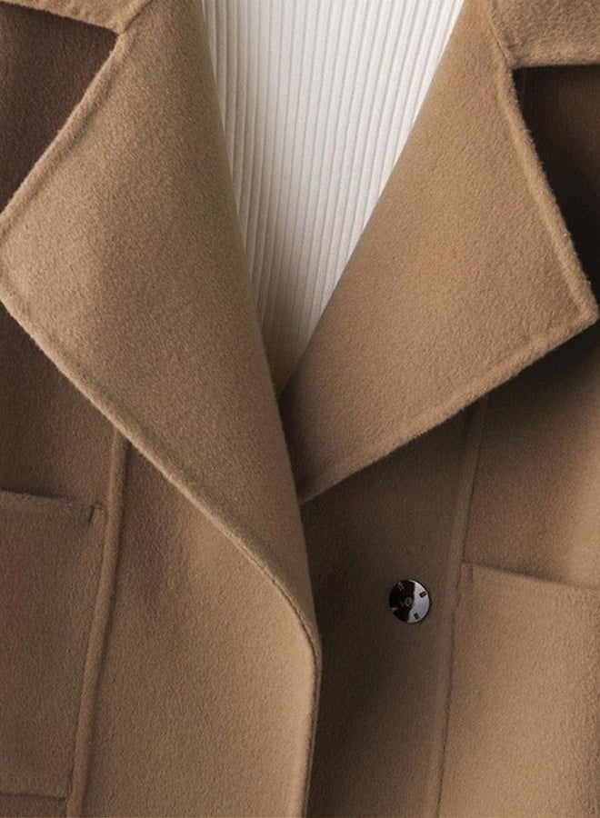 utcoco Womens Short Wool Pea Coat Notched Lapel Cropped Woolen Trench Coat with Pockets, Light Brown, XS - Image 2
