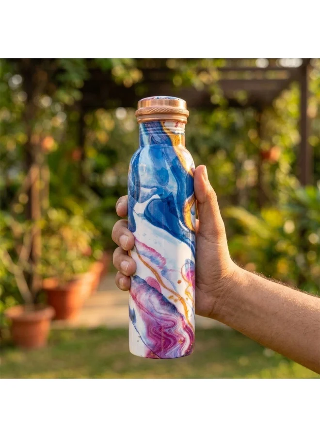 Mobcos Mobcos Blue Coral Fusion Copper Water Bottle 1 Ltr, 99% Pure Copper Bottle with Leakproof Screw Cap, Handmade Marbled Design, Reusable Water Bottle for Home, Office & Travel