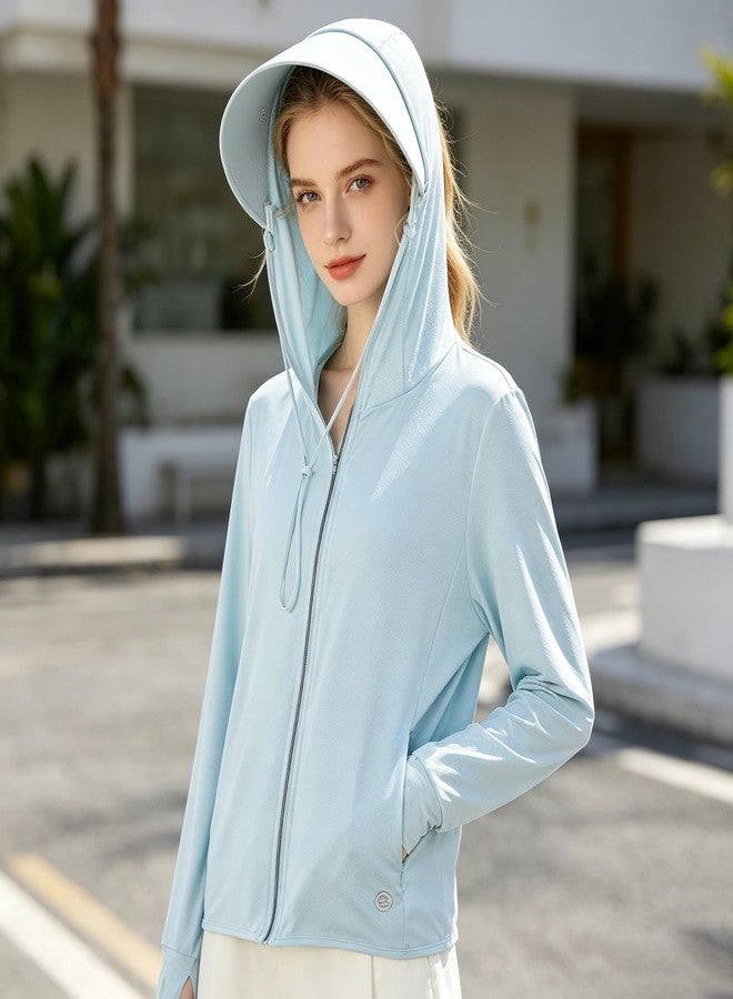 Eohak Women Sun-Protection-Tops Hoodie Ice Silk Cooling Long Sleeve Athleti Jacket for Running Hiking Outdoor Activities Blue - Image 3