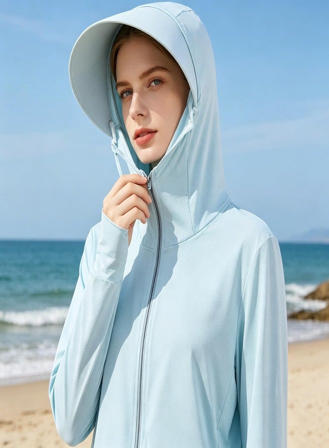 Eohak Women Sun-Protection-Tops Hoodie Ice Silk Cooling Long Sleeve Athleti Jacket for Running Hiking Outdoor Activities Blue - Image 2