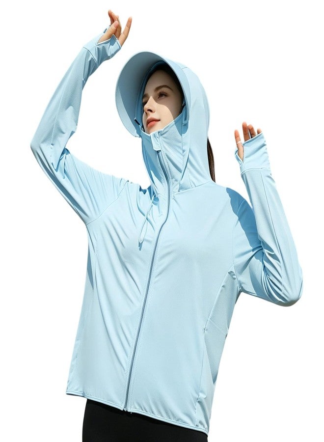 Eohak Women Sun-Protection-Tops Hoodie Ice Silk Cooling Long Sleeve Athleti Jacket for Running Hiking Outdoor Activities Blue - Image 1