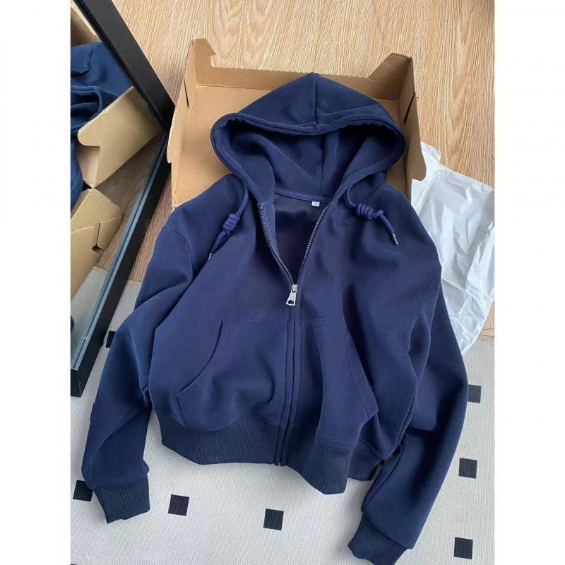 Shown White Milk Milk Gas Korean Wear Short Sweatshirt Coat Womens Hooded Sweatshirt Thin Zipper Cardigan Outer Wear Blue [Spring and Autumn Thin]]