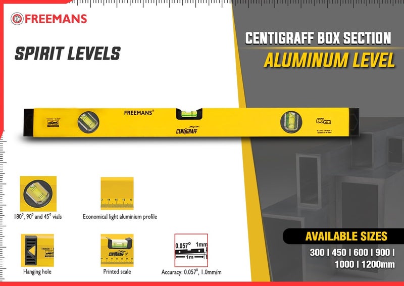 FREEMANS CL360 Centigraff Box Section Aluminium Level and Printed scale with 3 Vials - 60cm - Image 2