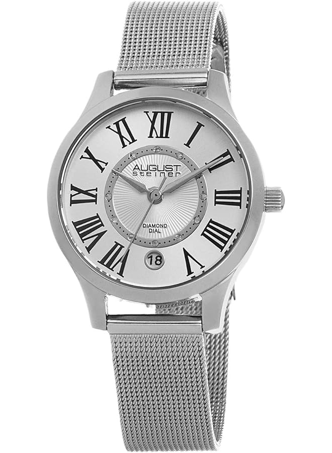 August Steiner Women's Dress Watch Radiant Diamond Dial With Roman Numeral Hour Markers + Bonus Date Window On Stainless Steel Mesh Strap As8094 - Image 1