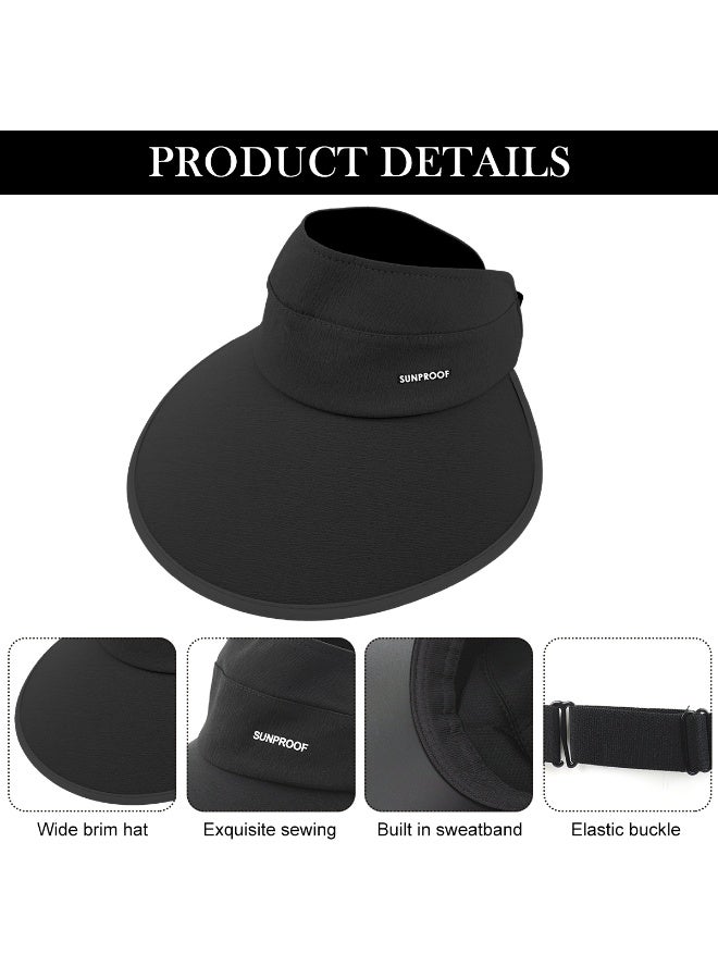Sun Visor Hat for Women UV Sun Protection Wide Brim Sun Visor Hat, Adjustable Elastic Closure, Dark-coated Underbrim, Packable Travel Hat Beach Hat Outdoor Sun Cap, Black - Image 3