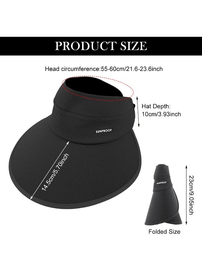 Sun Visor Hat for Women UV Sun Protection Wide Brim Sun Visor Hat, Adjustable Elastic Closure, Dark-coated Underbrim, Packable Travel Hat Beach Hat Outdoor Sun Cap, Black - Image 2