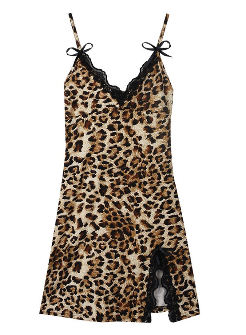 Leopard print suspender nightgown with lace bow pajamas - Image 1