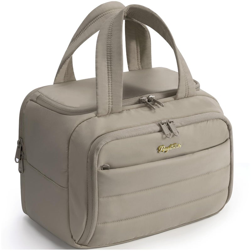 Bagstellar Travel Toiletry Bag for Women, Lightweight Large Quilted Puffy Makeup Bag Wide-open Make up Organizer Cloud Cosmetic Bag w/Handle for Traveling, Toiletries, Essentials, Accessories Oatmeal - Image 1