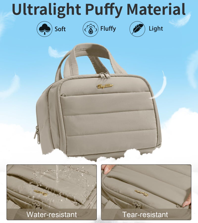 Bagstellar Travel Toiletry Bag for Women, Lightweight Large Quilted Puffy Makeup Bag Wide-open Make up Organizer Cloud Cosmetic Bag w/Handle for Traveling, Toiletries, Essentials, Accessories Oatmeal - Image 5
