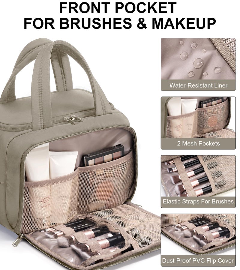 Bagstellar Travel Toiletry Bag for Women, Lightweight Large Quilted Puffy Makeup Bag Wide-open Make up Organizer Cloud Cosmetic Bag w/Handle for Traveling, Toiletries, Essentials, Accessories Oatmeal - Image 4